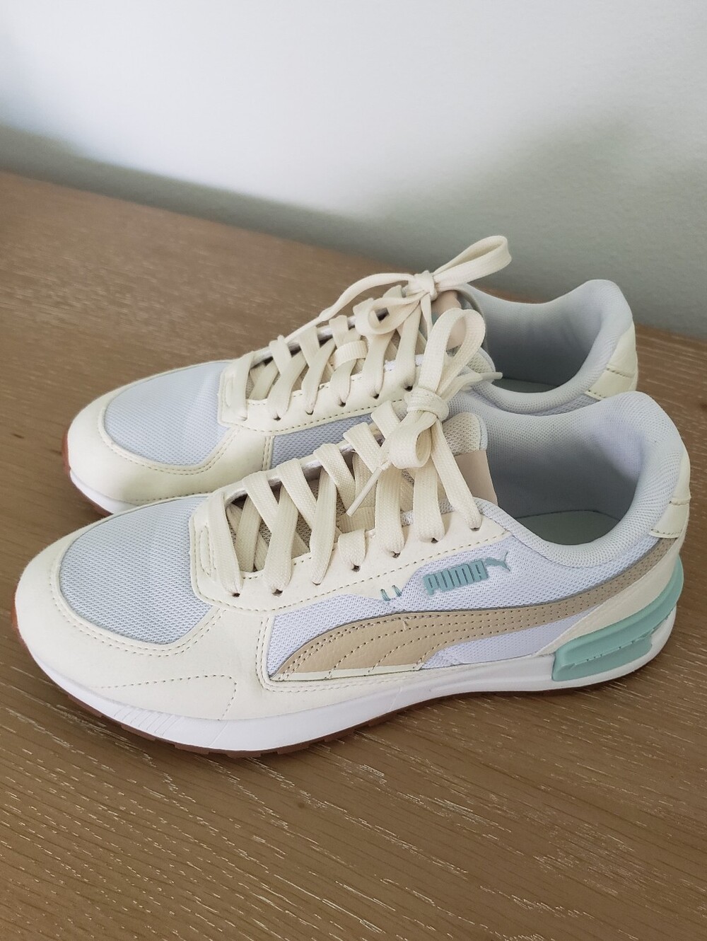 Women's Puma Cream White Sneakers with Tan Formstrip and Aqua Heel - Picture 2 of 9